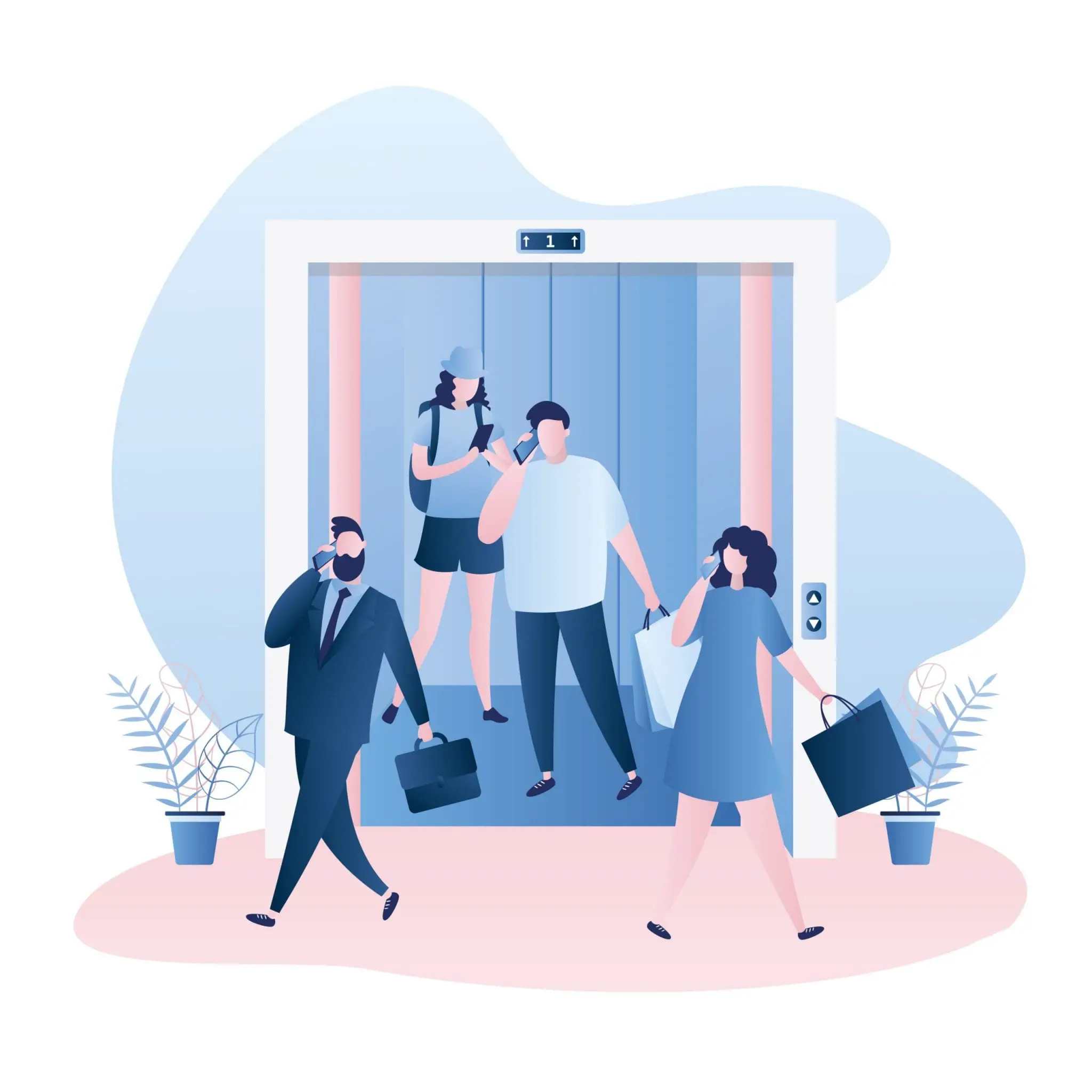 Elevator or Lift With Open Doors, Different People in the Elevator and Around, Business and Shopping Characters Illustration