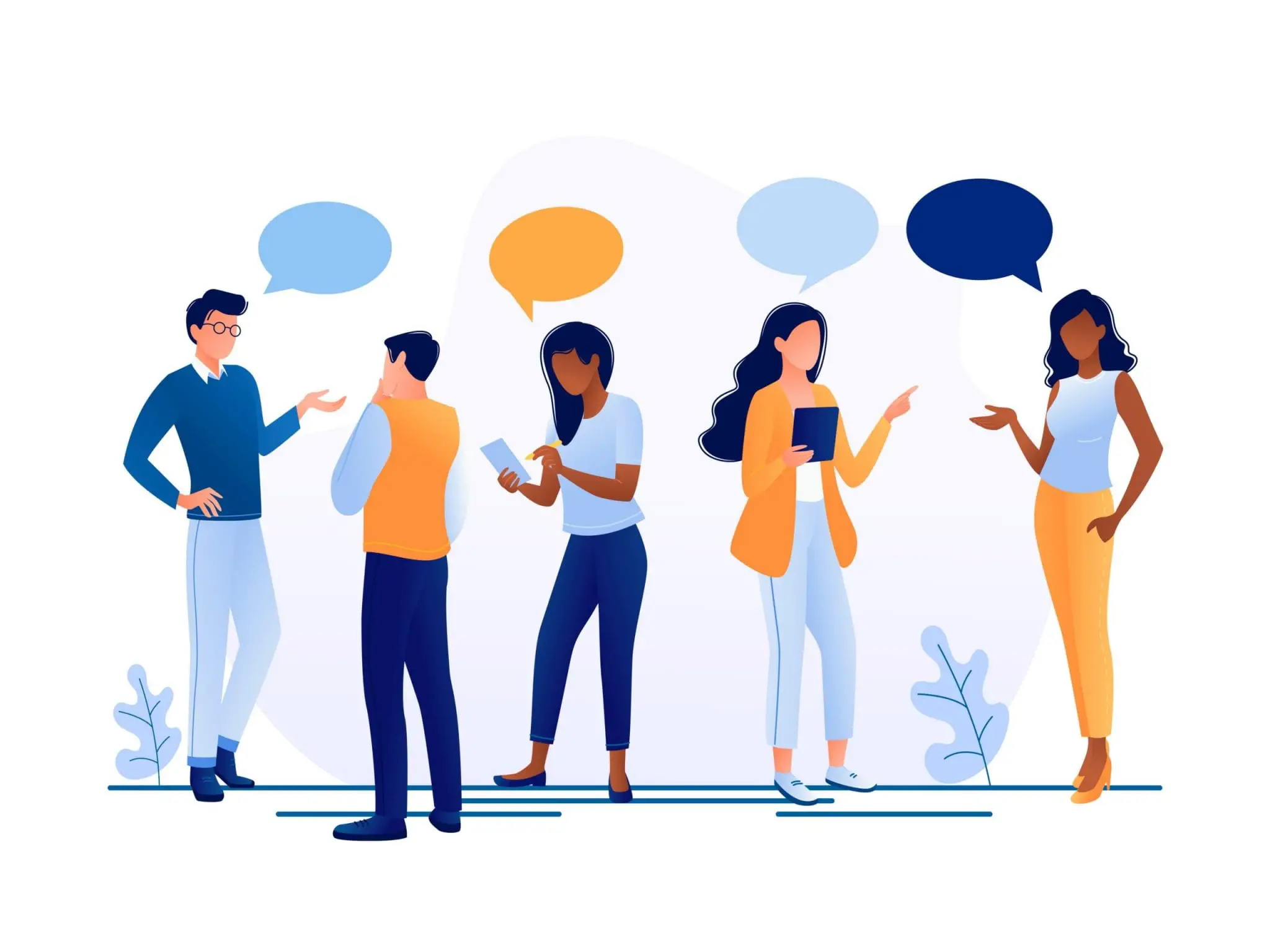 Brainstorming. People Talking Together. Businessmen and Women Discuss Social Networks, News. Chat, Dialogue Speech Bubbles. Teamwork, Searching for Idea. Flat Concept Vector Illustration.