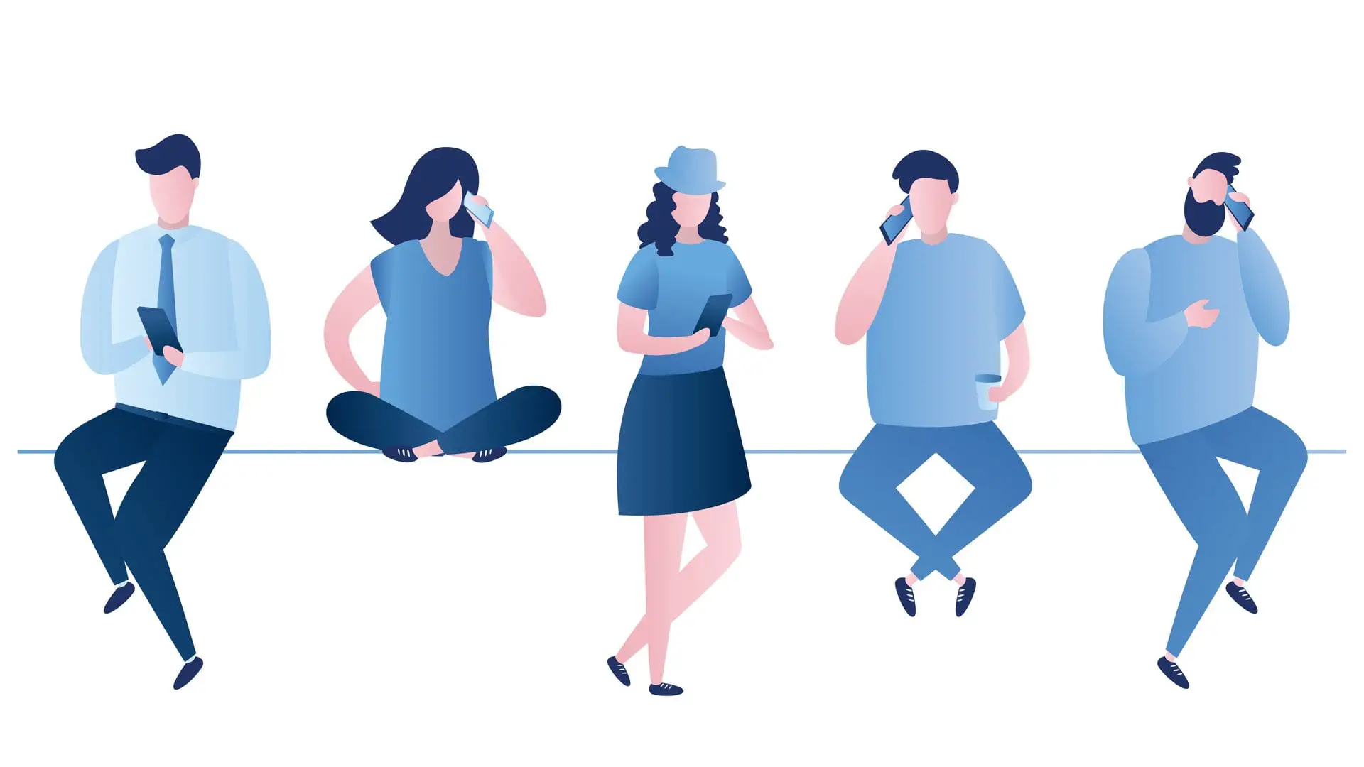 People Sit in Different Poses, Male and Female Characters With Smartphones, Calls and Chatting With Smart Gadgets, Trendy Style Vector Illustration.