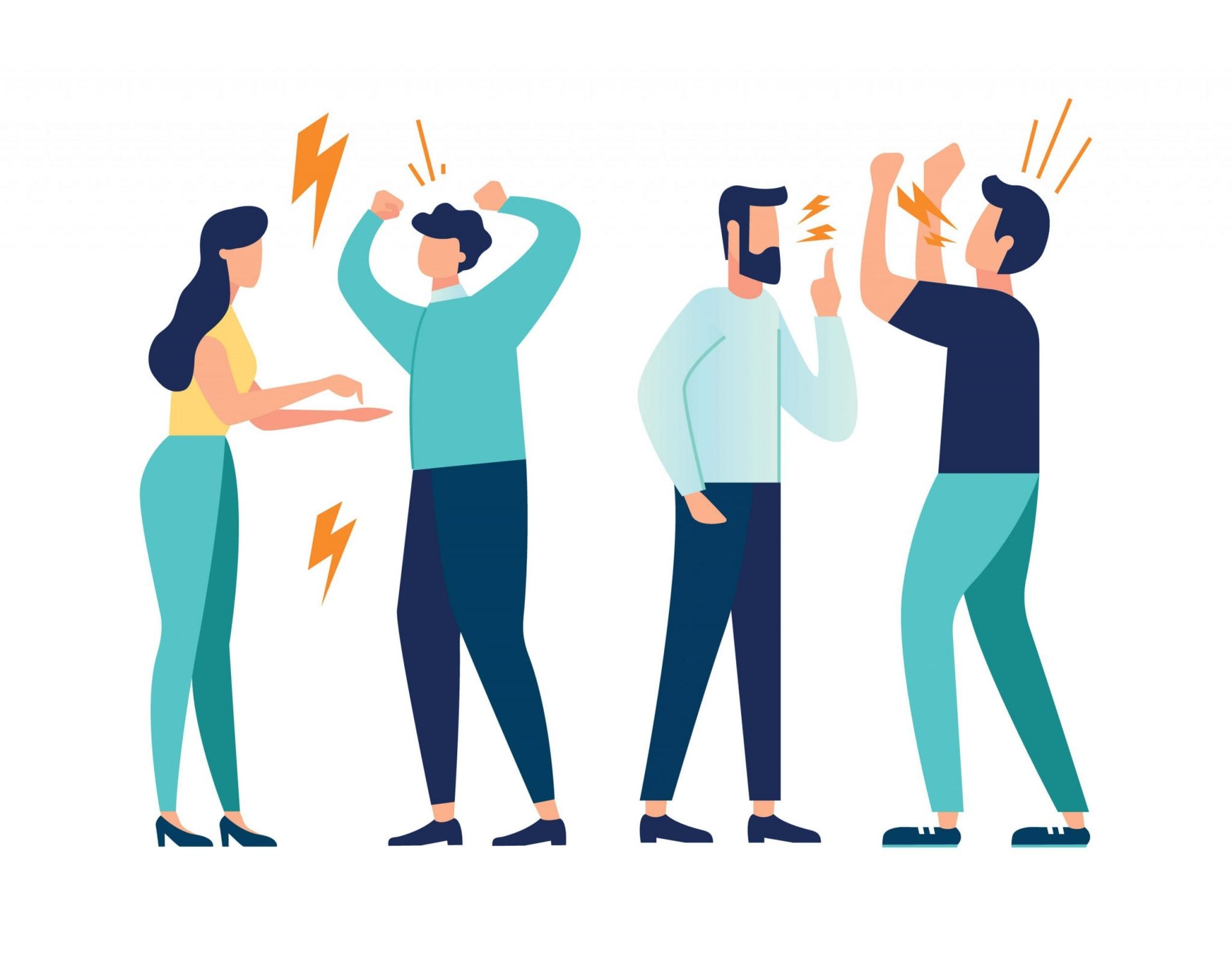 Vector Illustration Design Concept on White Background. A Set of a Couple of People Quarrel and Swear. Aggressive People Yell at Each Other. Design Graphics in a Flat Stylish Style.