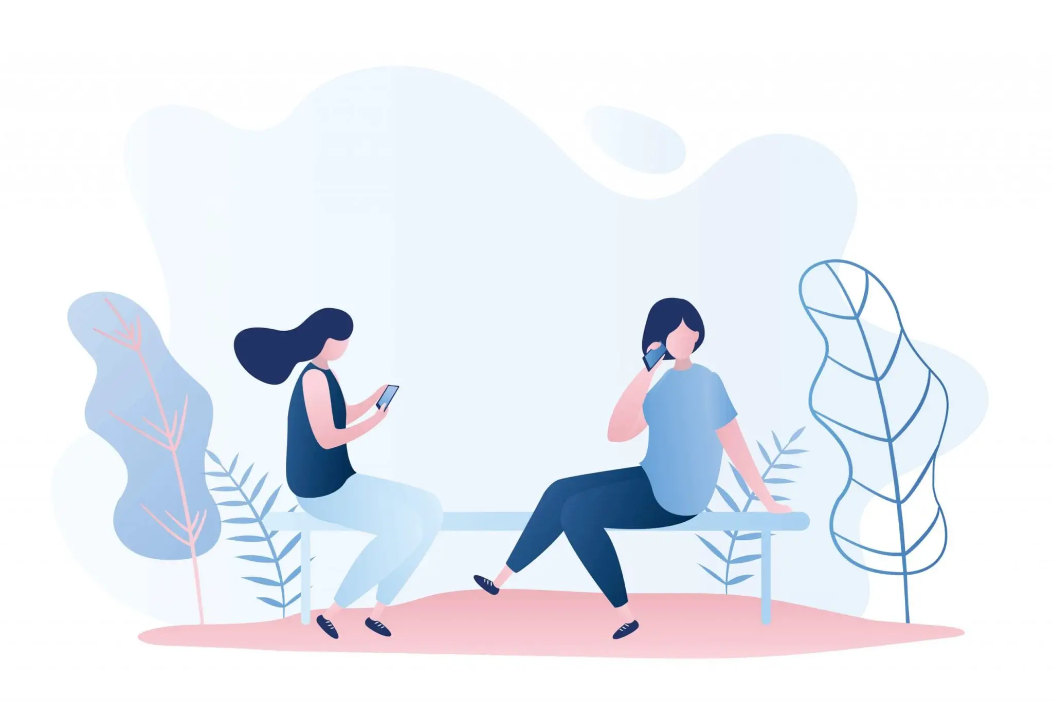 Two Girls Sitting on Bench, Female Characters With Smartphones, Trendy Style Vector Illustration
