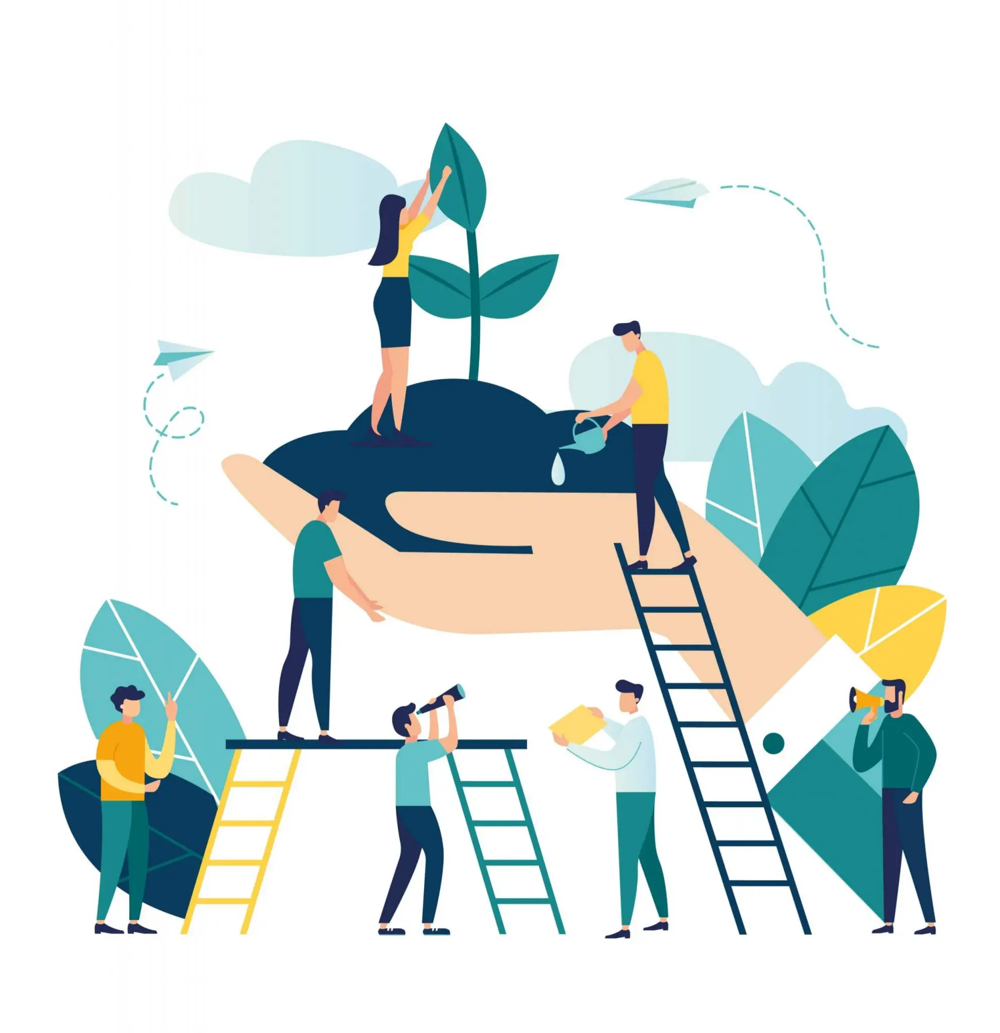Vector Flat Illustration, Small People Prepare for the Holiday, Save the Planet From Pollution, World Environment Day, Bio-Technology, in the Big Hand the Earth With a Plant.