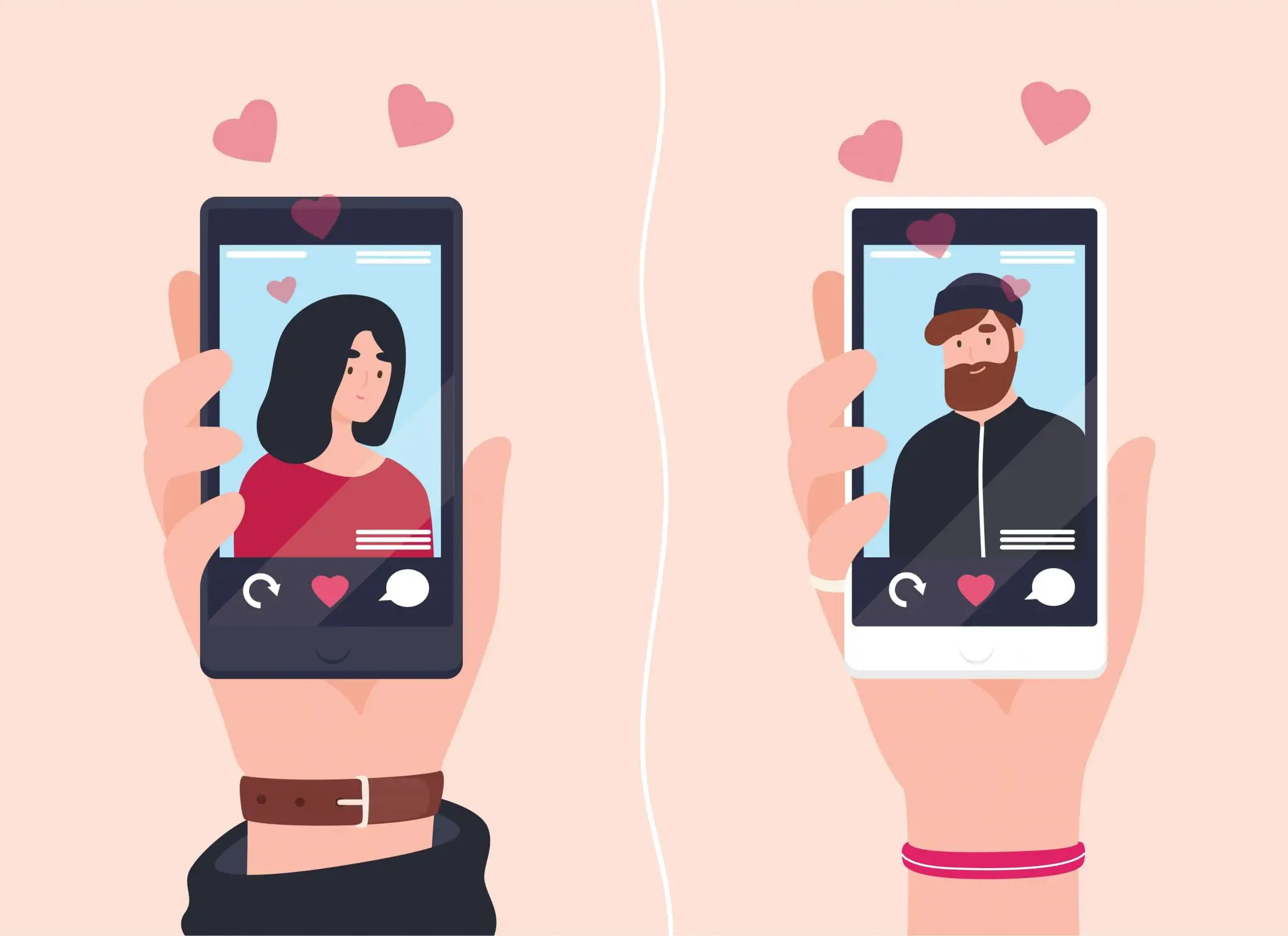 Male and Female Hands Holding Smartphones With Portraits of Man and Woman on Screens. Social Mobile Application for Dating, Searching for Romantic Partner