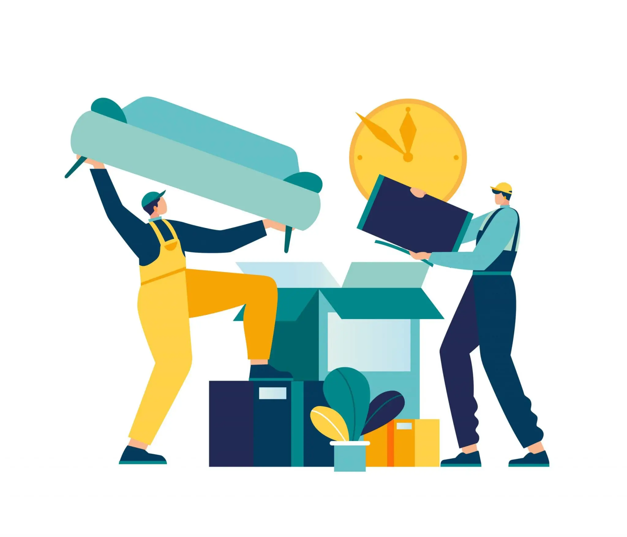 Vector Illustration of Service for Moving and Transporting Things and Objects. Vector Hypertrophied Flat People Pack and Transport Furniture to a New Place