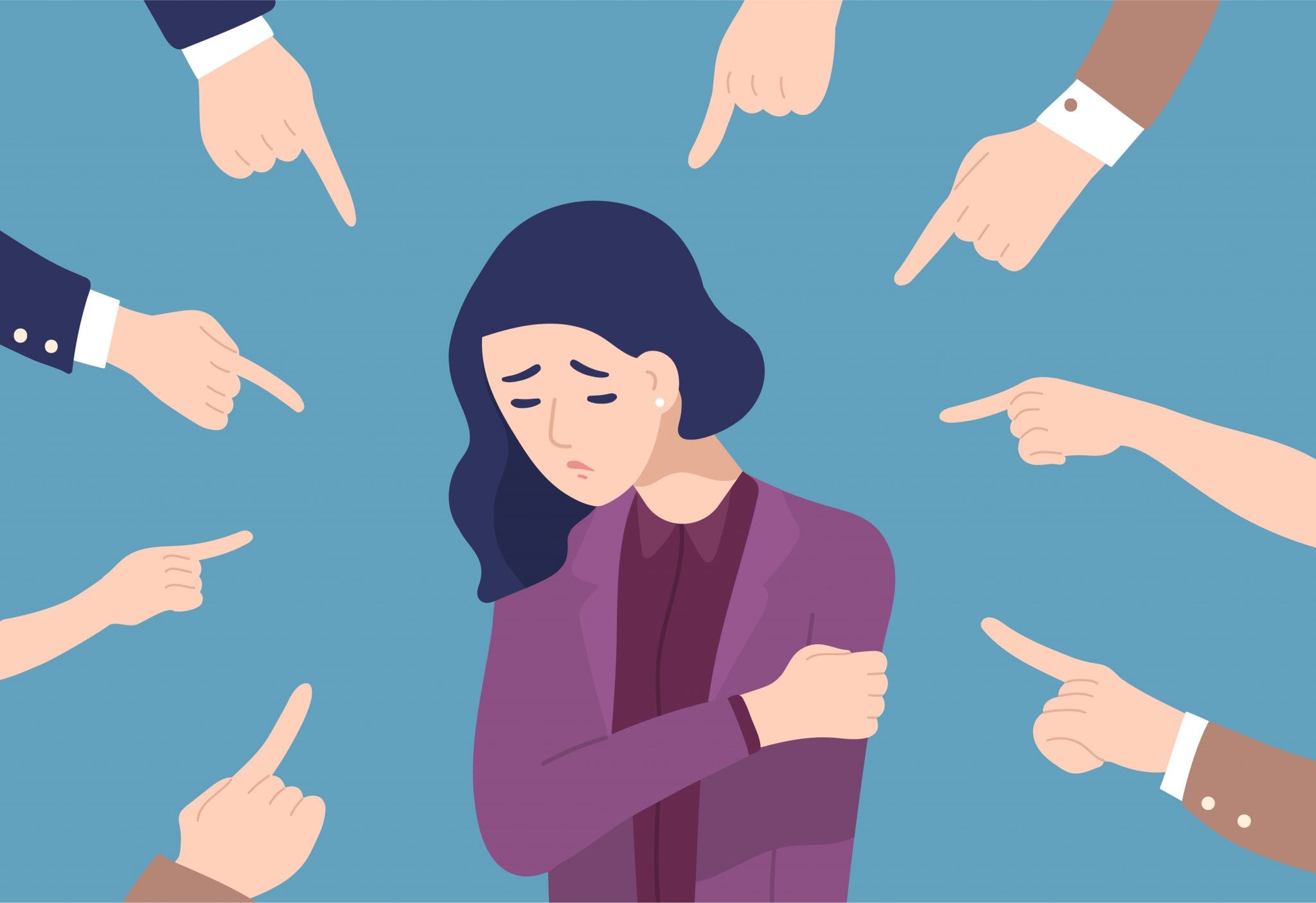 Sad or Depressed Young Woman Surrounded by Hands With Index Fingers Pointing at Her. Concept of Quilt, Accusation, Public Censure, and Victim-blaming