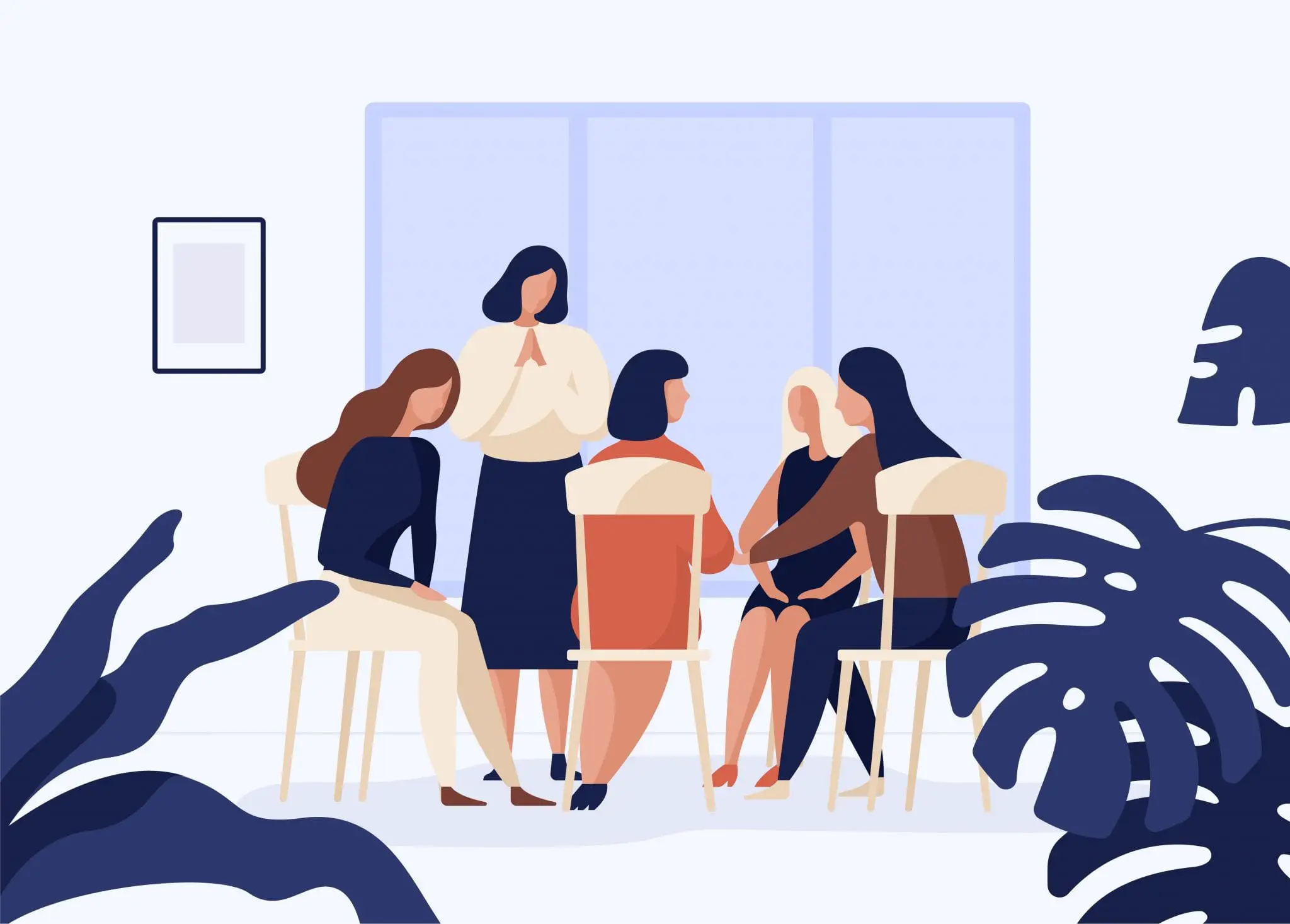 Female Characters Sitting on Chairs in Circle and Talking to Each Other. Group Therapy, Psychotherapeutic Meeting or Psychological Aid for Women.