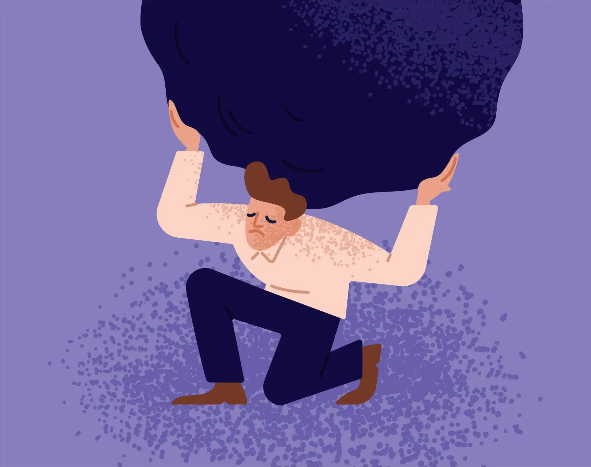 Unhappy Man Carrying Giant Heavy Boulder or Stone. Concept of Overburdened Person, Guy Overloaded With Difficult Problem or Task, Boy Withstanding Adverse Conditions