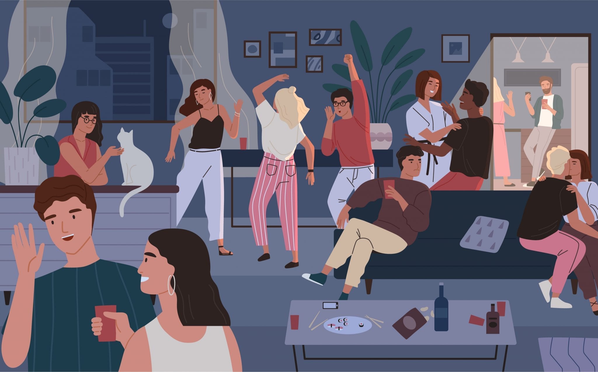 Happy Friends at Home Party. Apartment or Living Room Full of People Having Fun, Dancing and Talking. Young Cute Men and Women Spending Time Together at Night