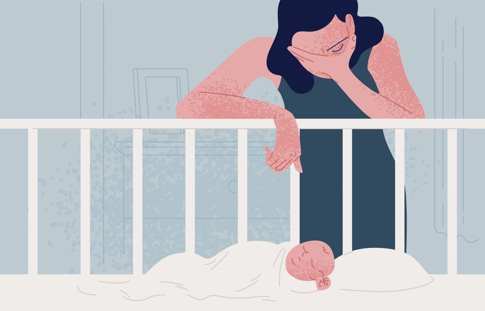 Sad Tired Woman Leaning Over Newborn Baby Sleeping in Crib and Covering Face With Hand. Concept of Postpartum or Postnatal Depression, Mood Disorder Following Childbirth