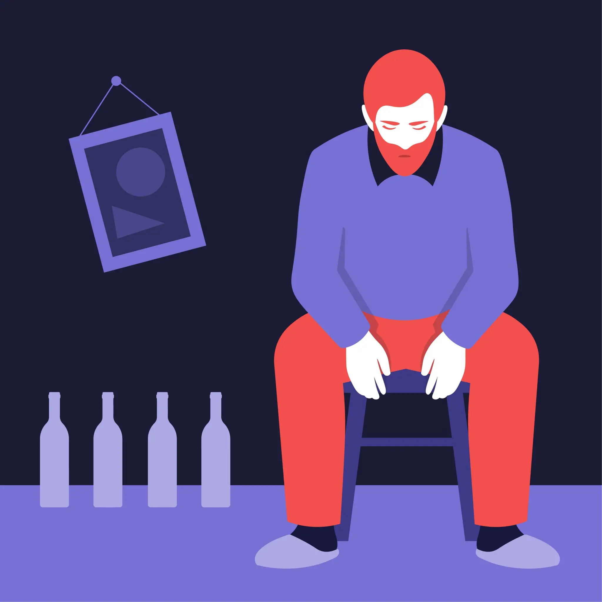 A Male Alcoholic is Sitting on a Stool Next to Empty Bottles of Wine, Psychological Addiction