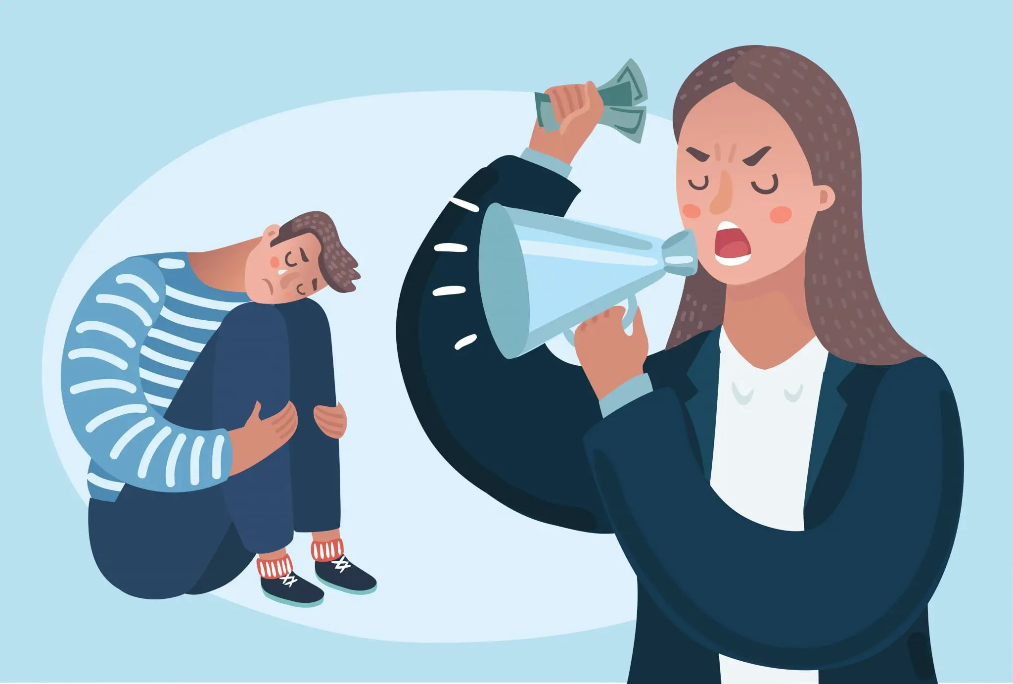 Illustration of Angry Woman Boss Character Yelling Man. Family Problems, Pressure at Work, Psychological Abuse