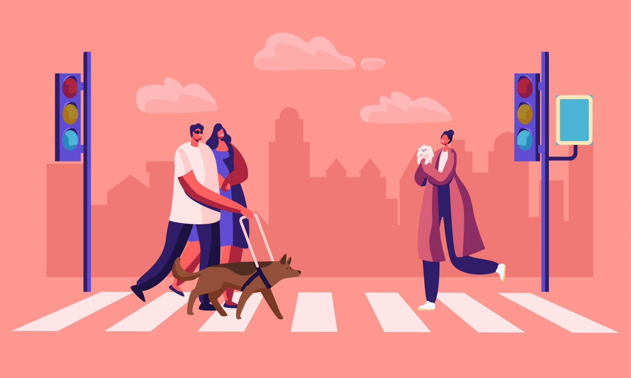 Disabled and Healthy Pedestrians With Pets Crossing Road Interchange in City, Blind Man Walking With Guide Dog and Woman Hold His Hand. Characters on Street Crosswalk.