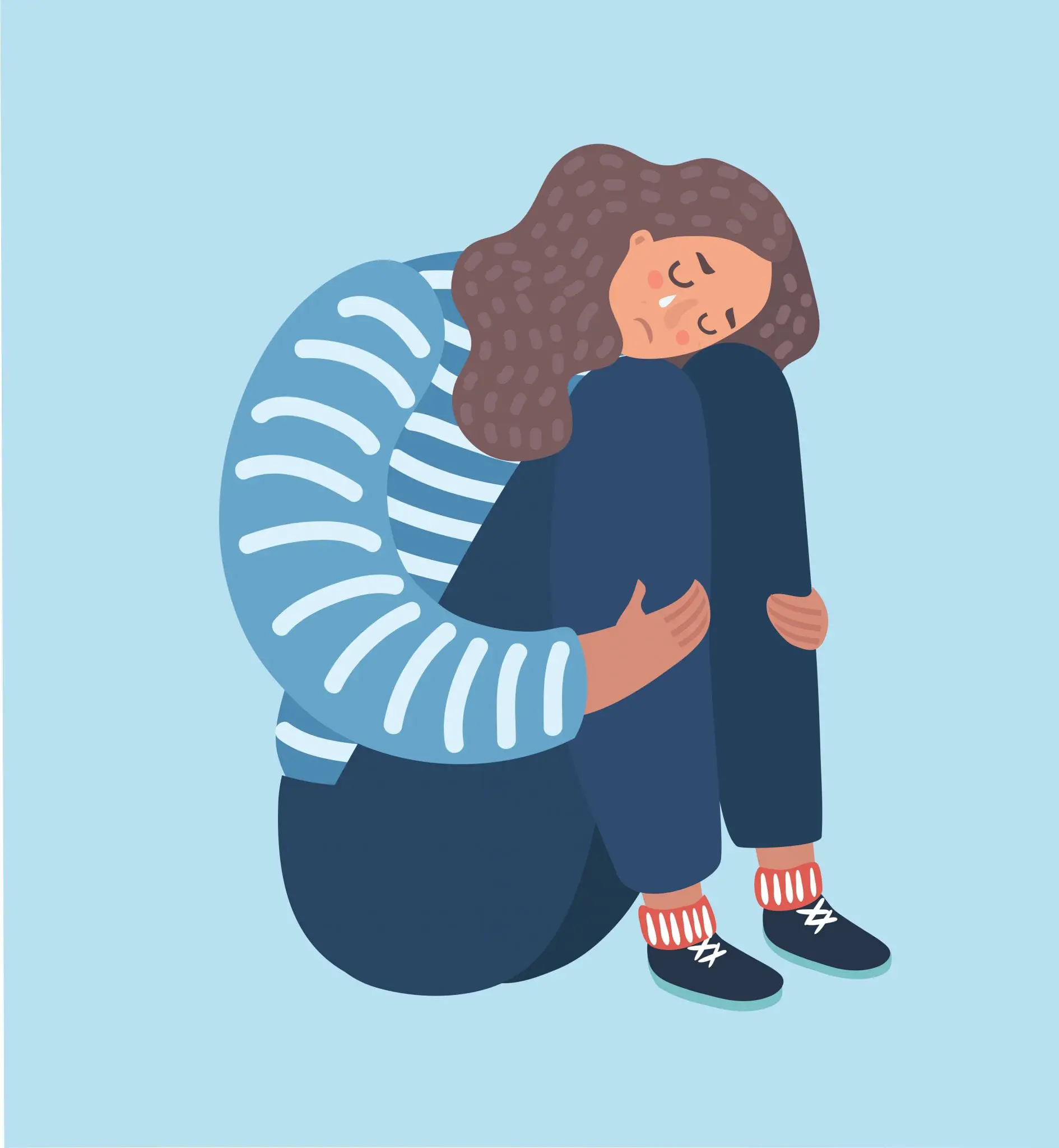 Illustration of Sad Girl Sitting and Unhappily Hugging Her Knees and Crying, Depressed Woman