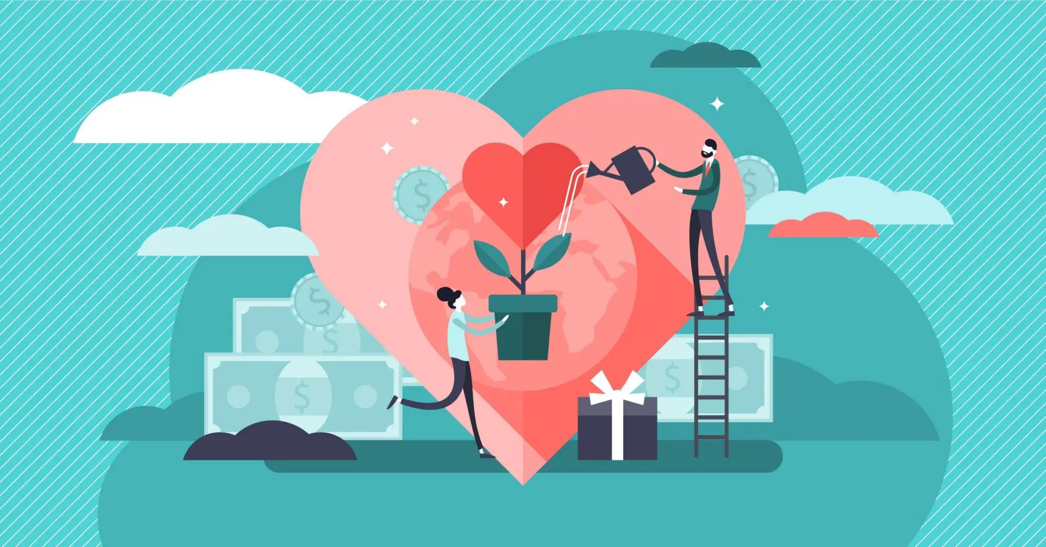 Philanthropy Vector Illustration. Flat Tiny Voluntary Charity Persons Concept. Symbolic Love of Humanity as Nonprofit Social Teamwork. Support Contribution, Gifts and Abstract Public Good Improvement.