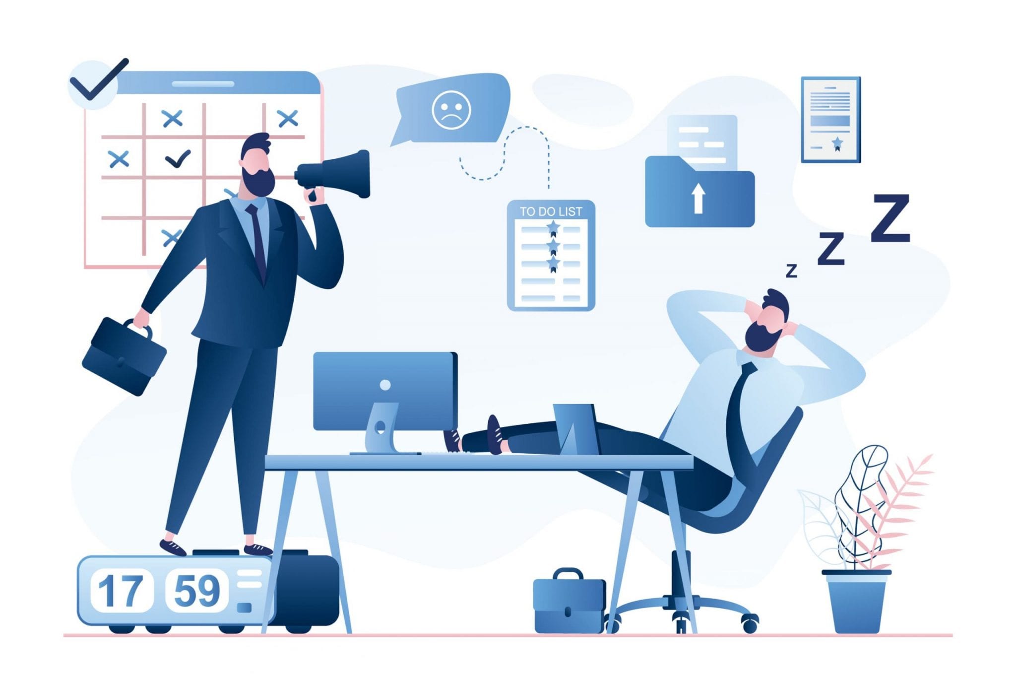 Boss Businessman With Megaphone and Office Worker Sleeps in the Workplace. Deadline and Time Management Concept Illustration