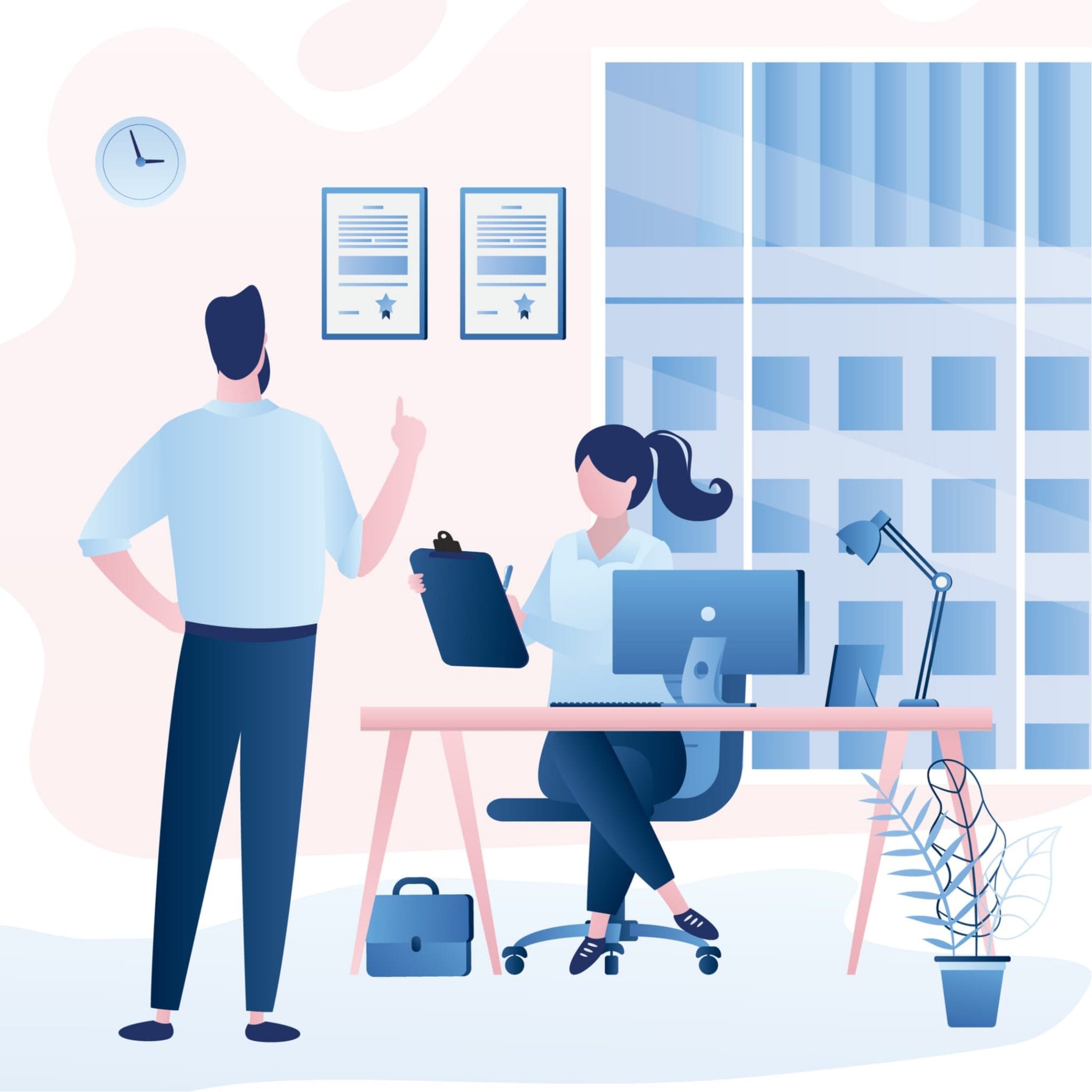 Business People Talking. Colleagues Communicate at Work. Male Boss Tells Employee Instructions. Modern Business Office Room Interior Illustration.