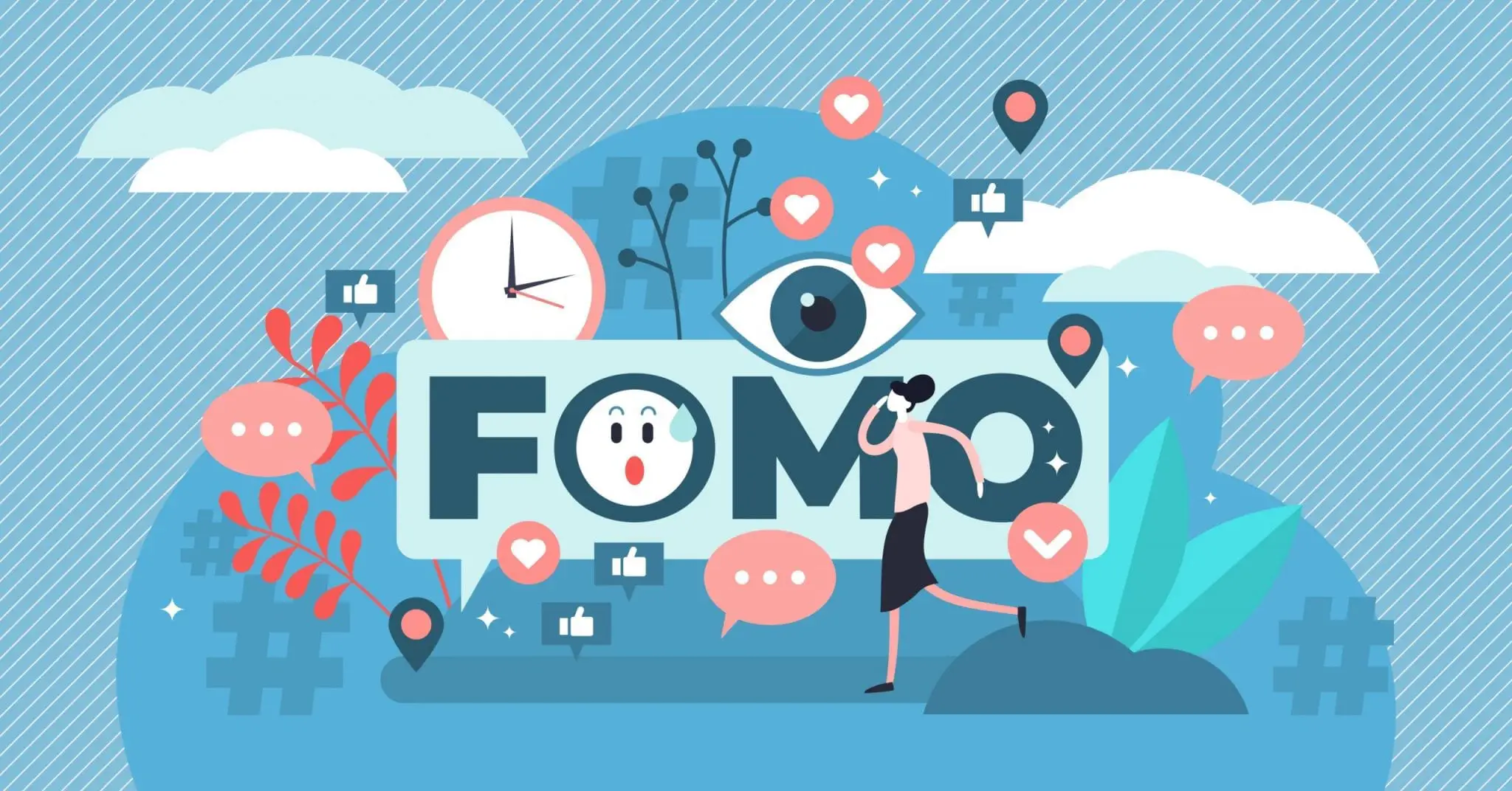 FOMO Vector Illustration, Fear of Missing Out Person Concept. Social Anxiety Cause and Symptom to Be With Pervasive Apprehension