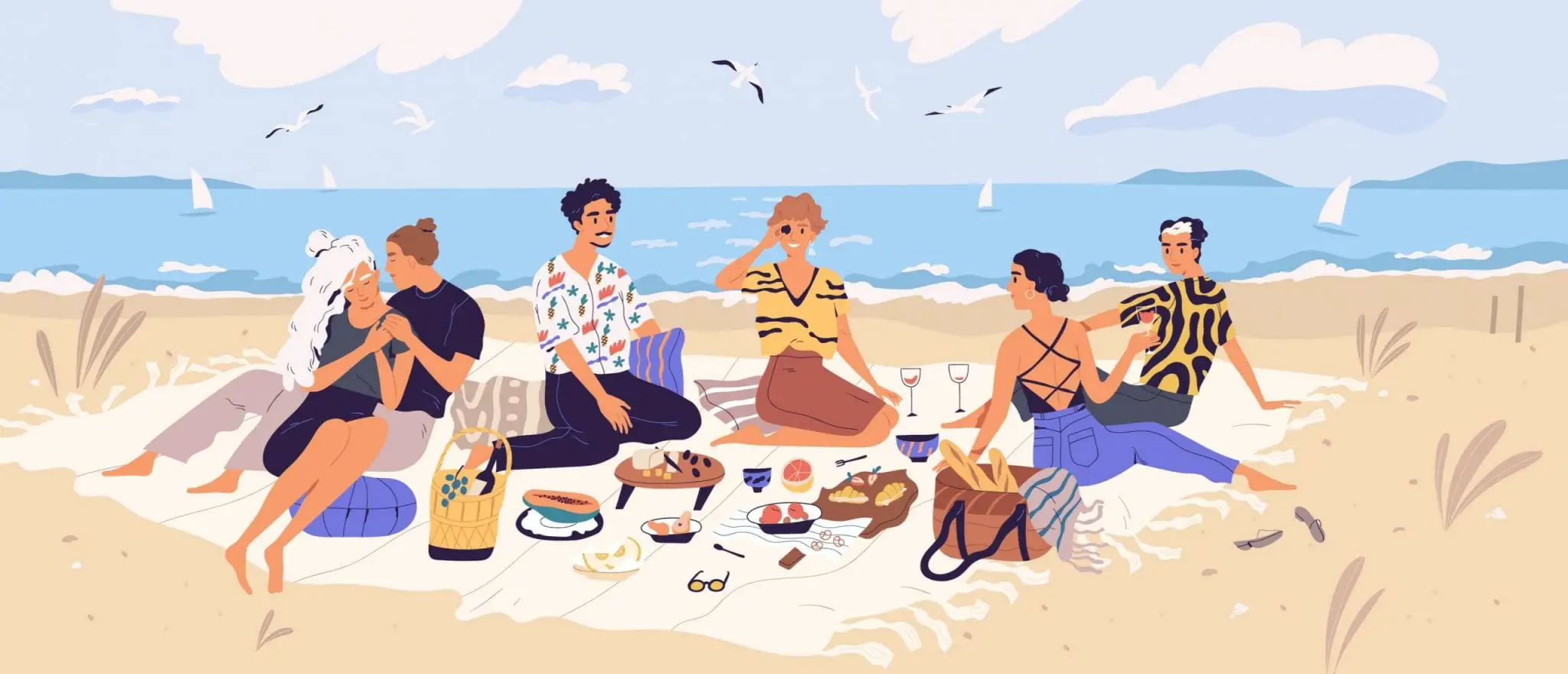Group of Happy Friends at Picnic on Seashore. Young Smiling Men and Women Eating Food on Sandy Beach. Cute Funny People Having Lunch Together on Sea Shore