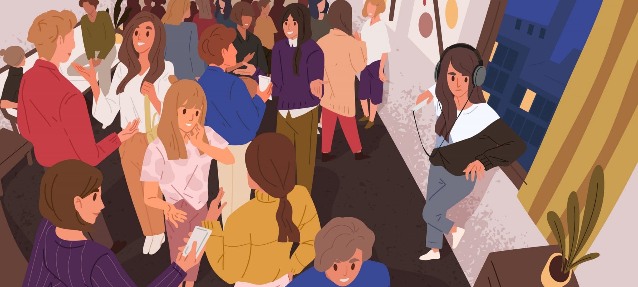 Discomfort in Crowd Flat Vector Illustration. Lonely Introvert Girl Among People. Mental Health, Psychology, Psychological Problems. Communication Difficulties Idea. Social Anxiety