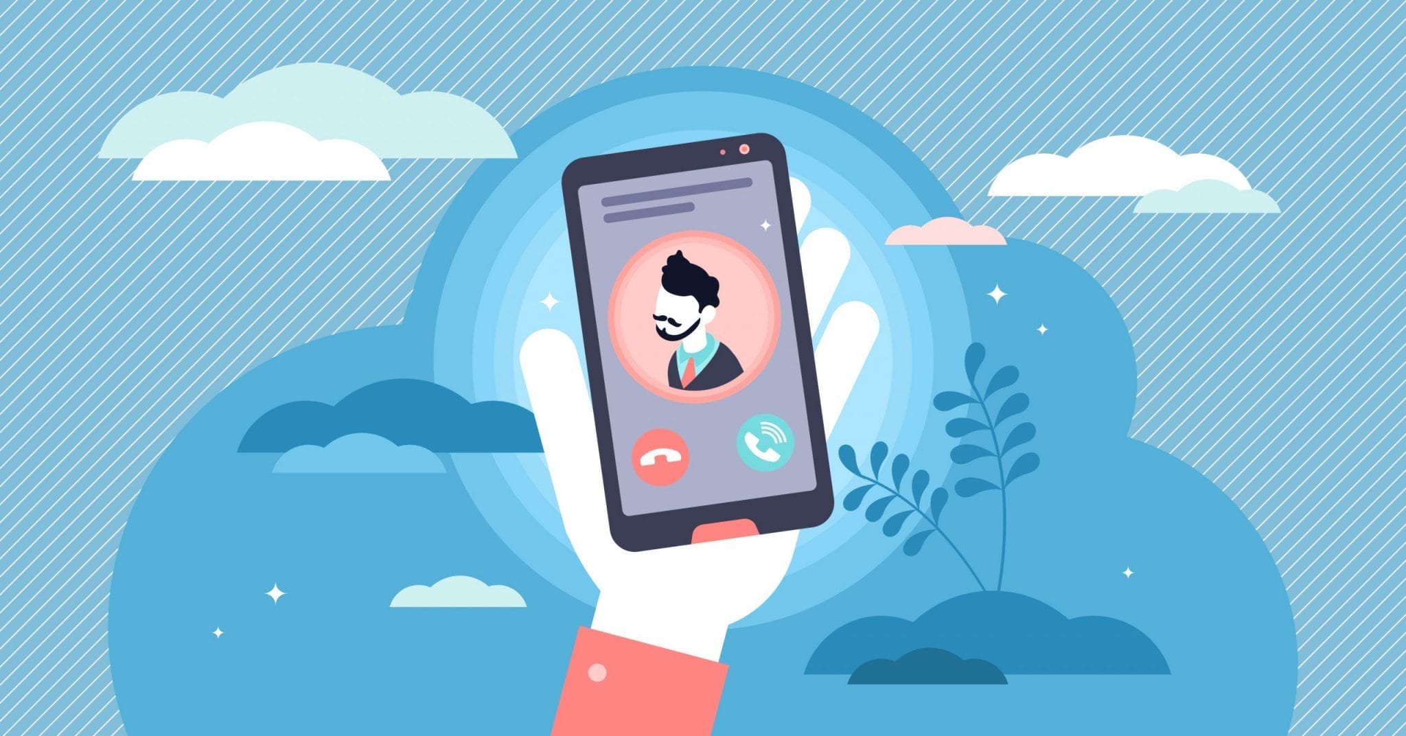 Incoming Call Concept Flat Tiny Person Vector Illustration. Hand Holding Phone to Pick Up Conversation. Mobile Screen With Male Contact Profile Avatar. Colleague or Boss Work or Private Communication.