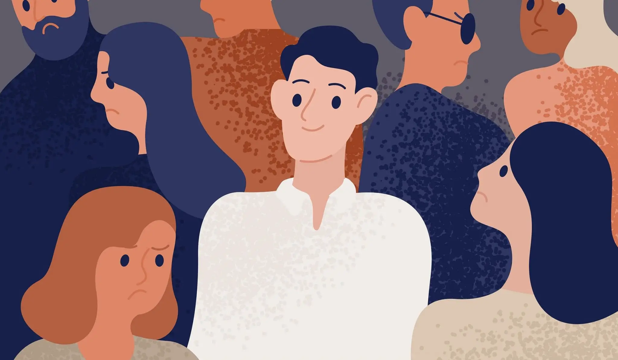Positive Man in a Crowd of Unhappy People Illustration